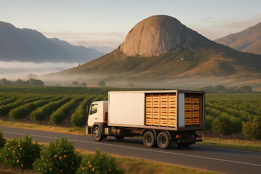 A Tandre delivery truck loaded with fruit crates on the road past orchards